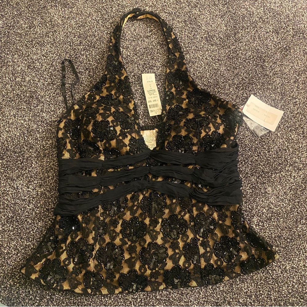 BNWT Vintage Cache Luxe Black Beaded Halter Top